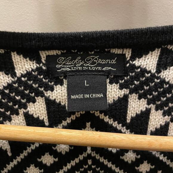 Lucky Brand Womens Large Aztec Pattern Sweater | Black & White Zip Knit Cardigan - Picture 5 of 9